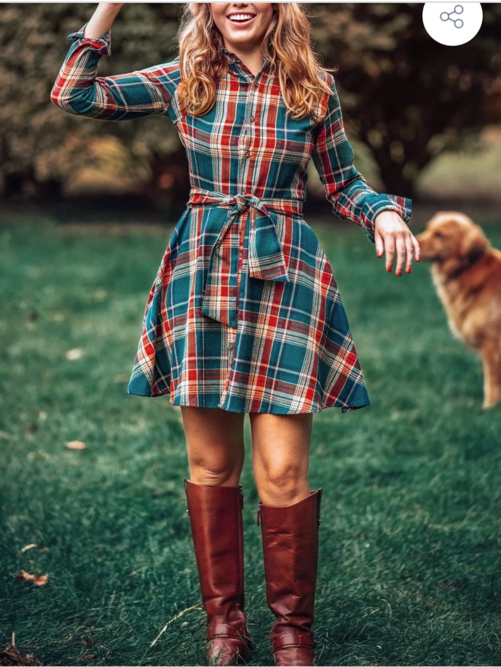 Kiel James Patrick Teal and Red Plaid Mini Shirt Dress Size L NWT